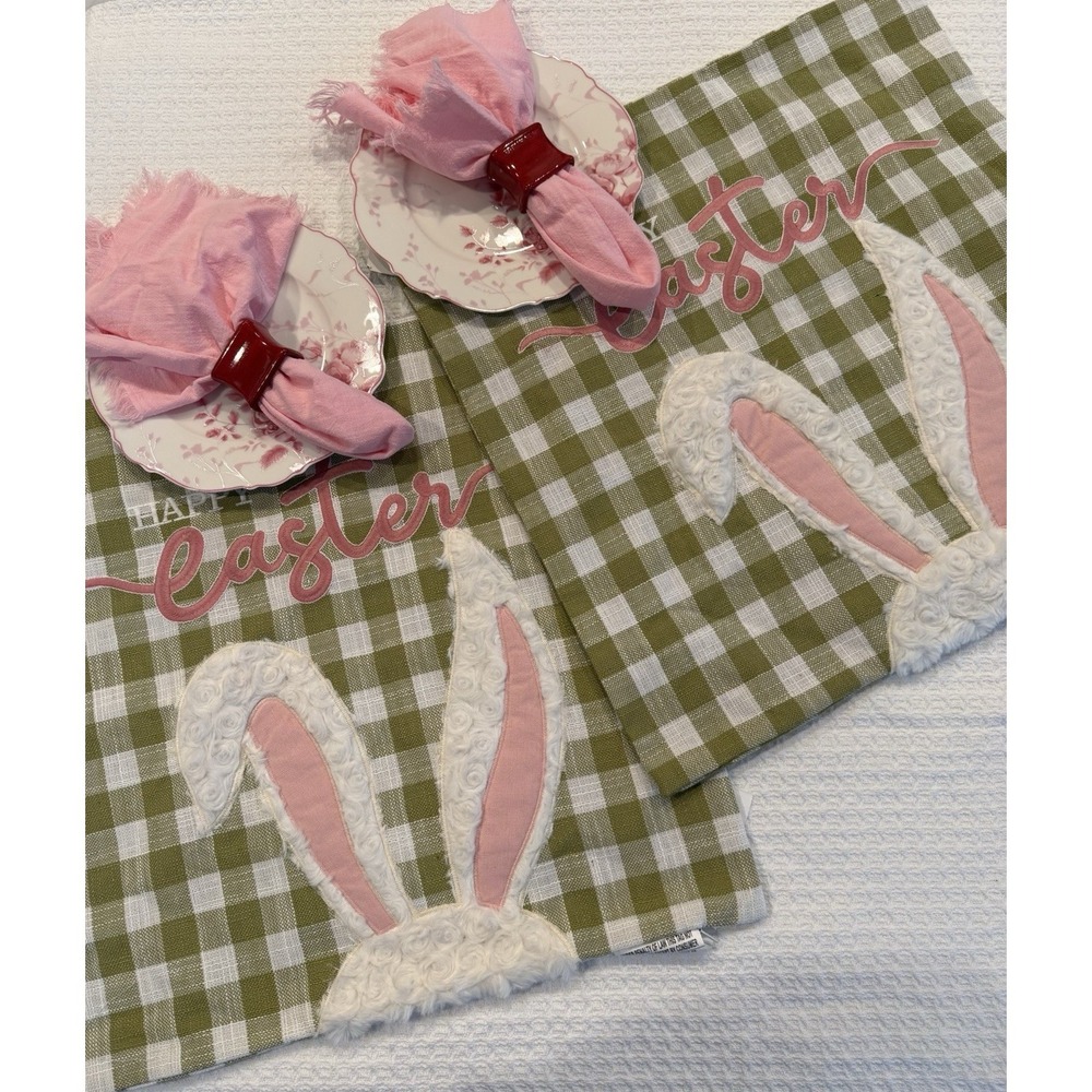 Set Of 2 C&F Home Happy Easter Bunny Ears Plaid Placemats Green Pink Spring